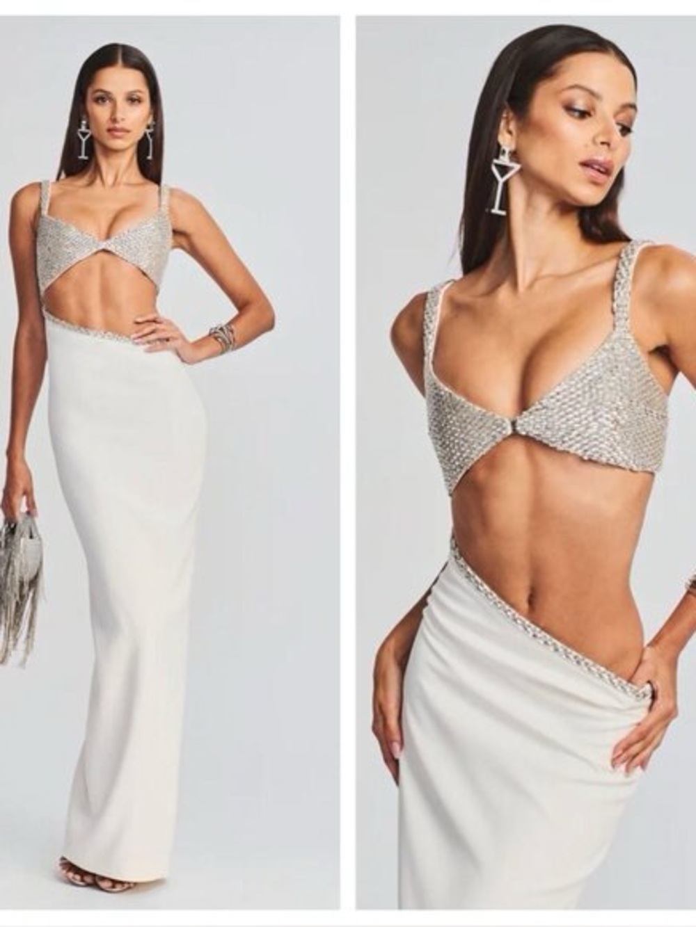 NWT retrofete Fernanda Embellished Asymmetric Maxi Dress White/Silver Sz L